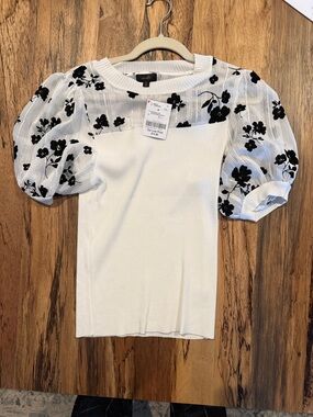 White Ribbed Top with Black Floral Puff Sleeves